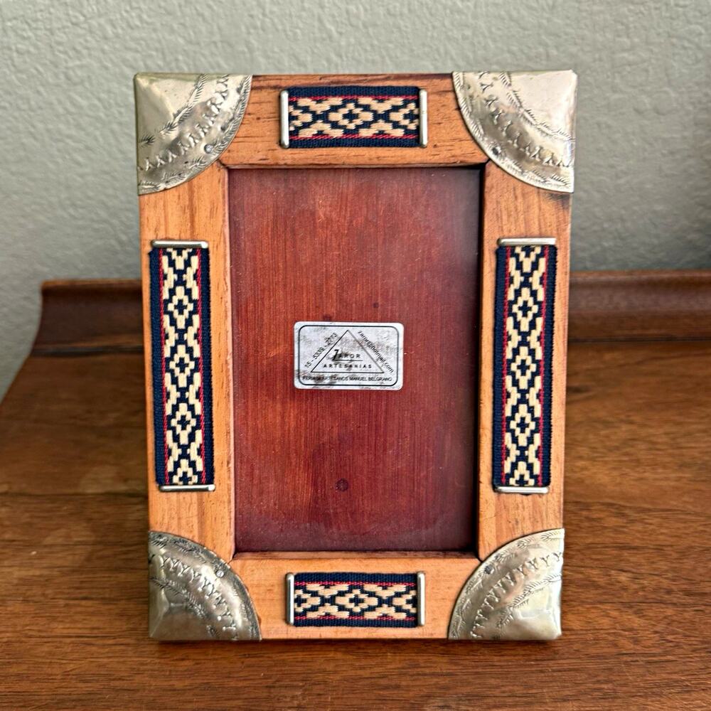 Handmade Argentine Wood Picture Frame Nickel Silver Corners & Woven Textile